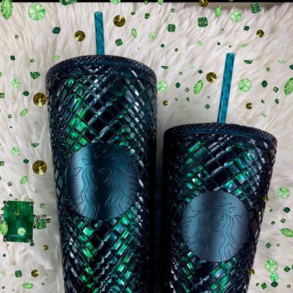 🎄NEW⭐️Starbucks Dark Green Diamond Emerald Jewel Bling Tumbler Set - Picture 1 of 5